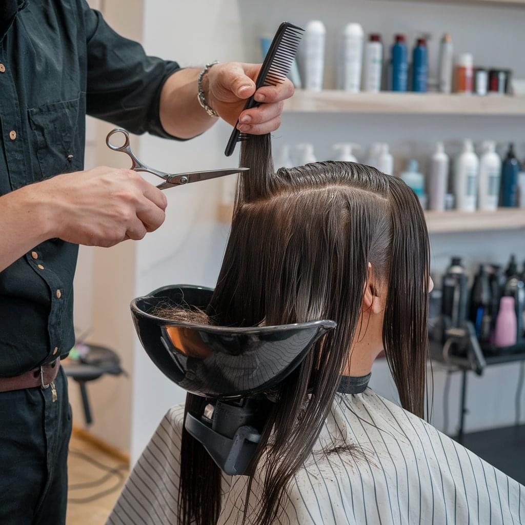 A professional haircut being styled